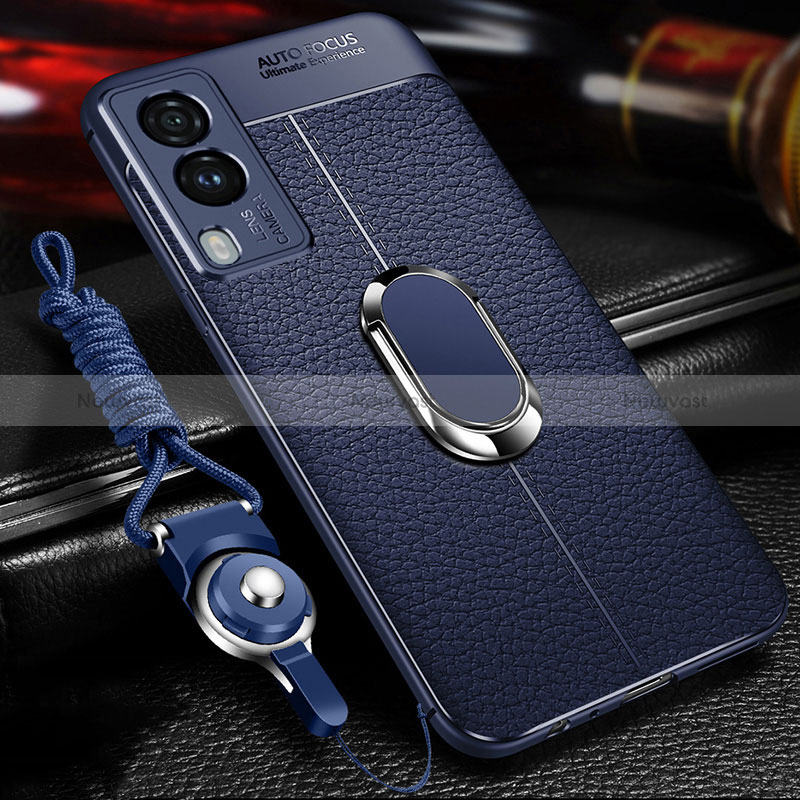 Soft Silicone Gel Leather Snap On Case Cover with Magnetic Finger Ring Stand for Vivo Y71t 5G