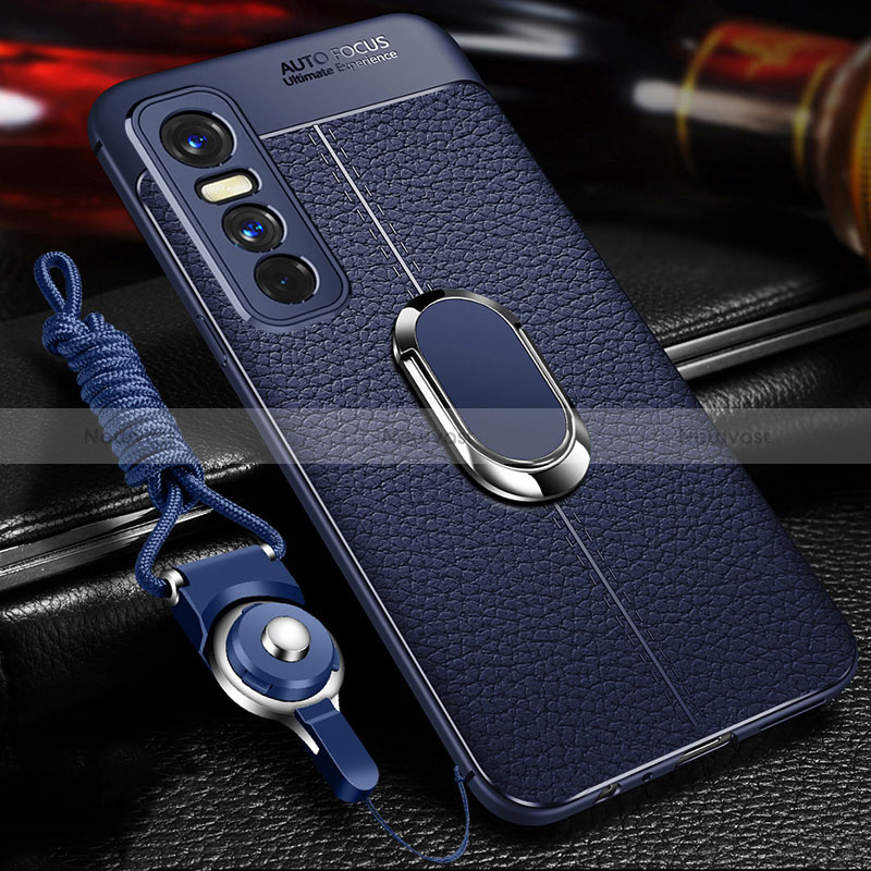 Soft Silicone Gel Leather Snap On Case Cover with Magnetic Finger Ring Stand for Vivo Y73s 5G