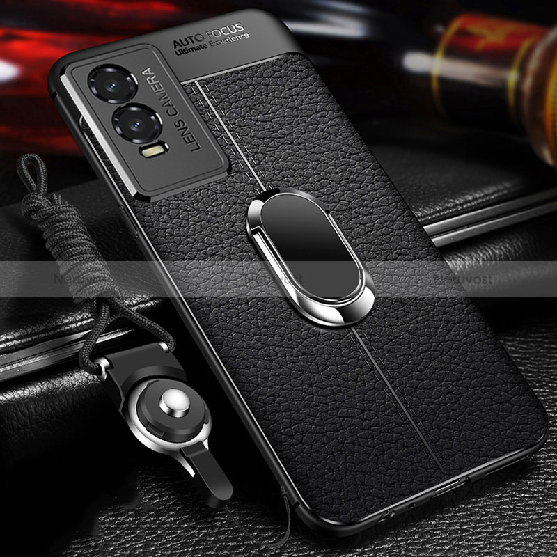 Soft Silicone Gel Leather Snap On Case Cover with Magnetic Finger Ring Stand for Vivo Y74s 5G