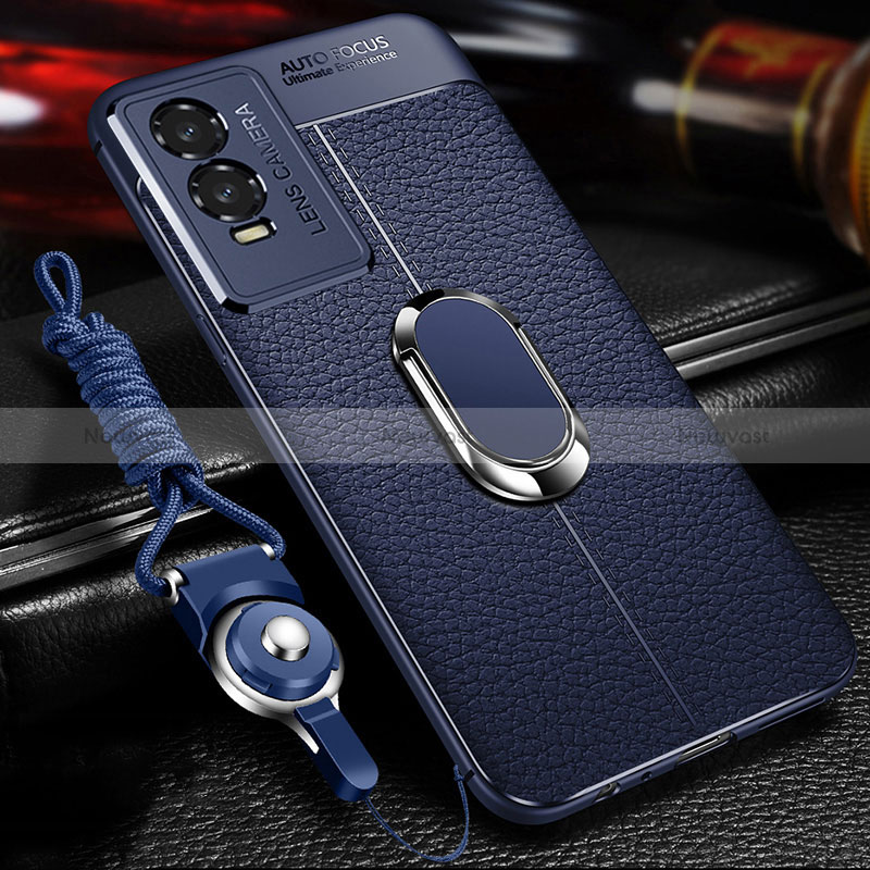 Soft Silicone Gel Leather Snap On Case Cover with Magnetic Finger Ring Stand for Vivo Y74s 5G