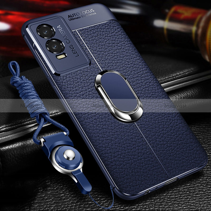 Soft Silicone Gel Leather Snap On Case Cover with Magnetic Finger Ring Stand for Vivo Y76s 5G