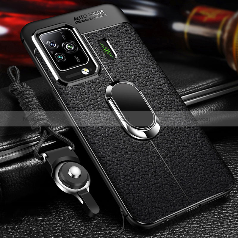 Soft Silicone Gel Leather Snap On Case Cover with Magnetic Finger Ring Stand for Xiaomi Black Shark 5 5G Black