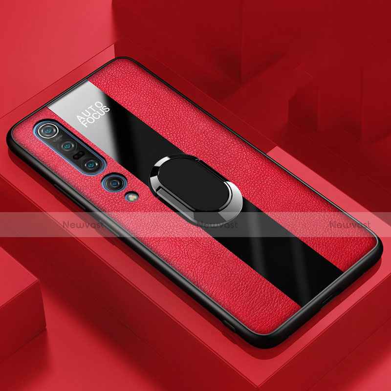 Soft Silicone Gel Leather Snap On Case Cover with Magnetic Finger Ring Stand for Xiaomi Mi 10 Pro Red