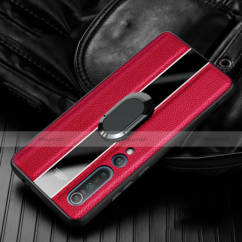 Soft Silicone Gel Leather Snap On Case Cover with Magnetic Finger Ring Stand for Xiaomi Mi 10 Red