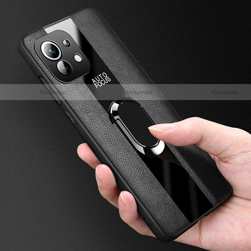 Soft Silicone Gel Leather Snap On Case Cover with Magnetic Finger Ring Stand for Xiaomi Mi 11 Lite 5G NE