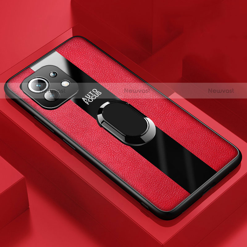 Soft Silicone Gel Leather Snap On Case Cover with Magnetic Finger Ring Stand for Xiaomi Mi 11 Lite 5G NE Red