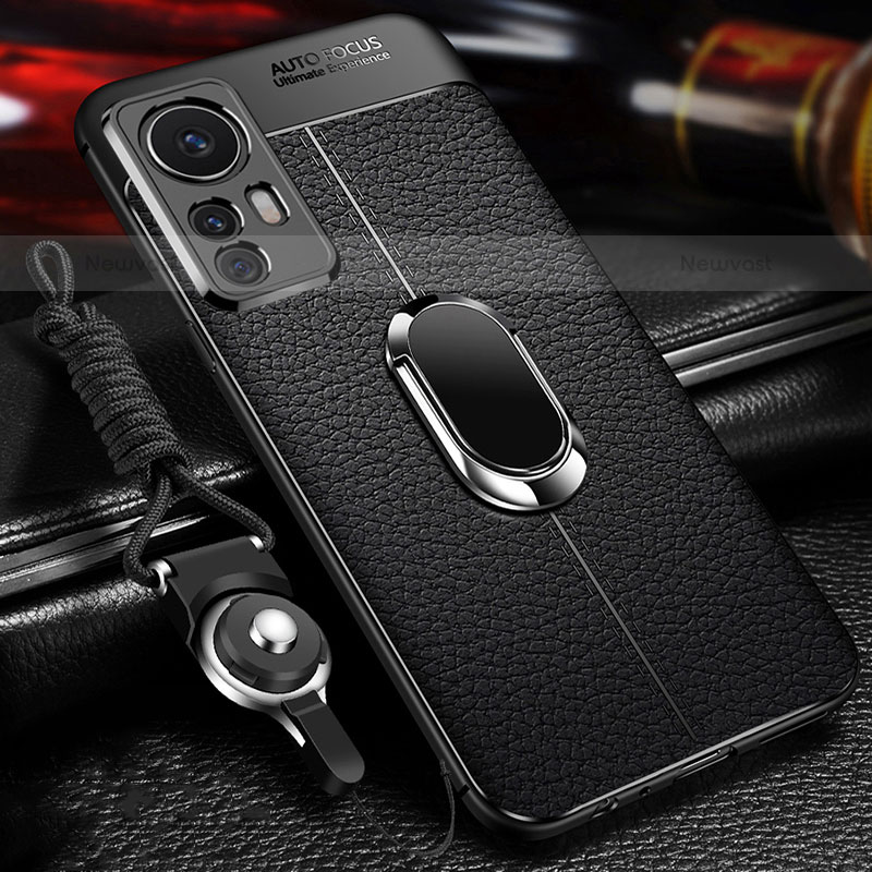 Soft Silicone Gel Leather Snap On Case Cover with Magnetic Finger Ring Stand for Xiaomi Mi 12 Lite 5G Black