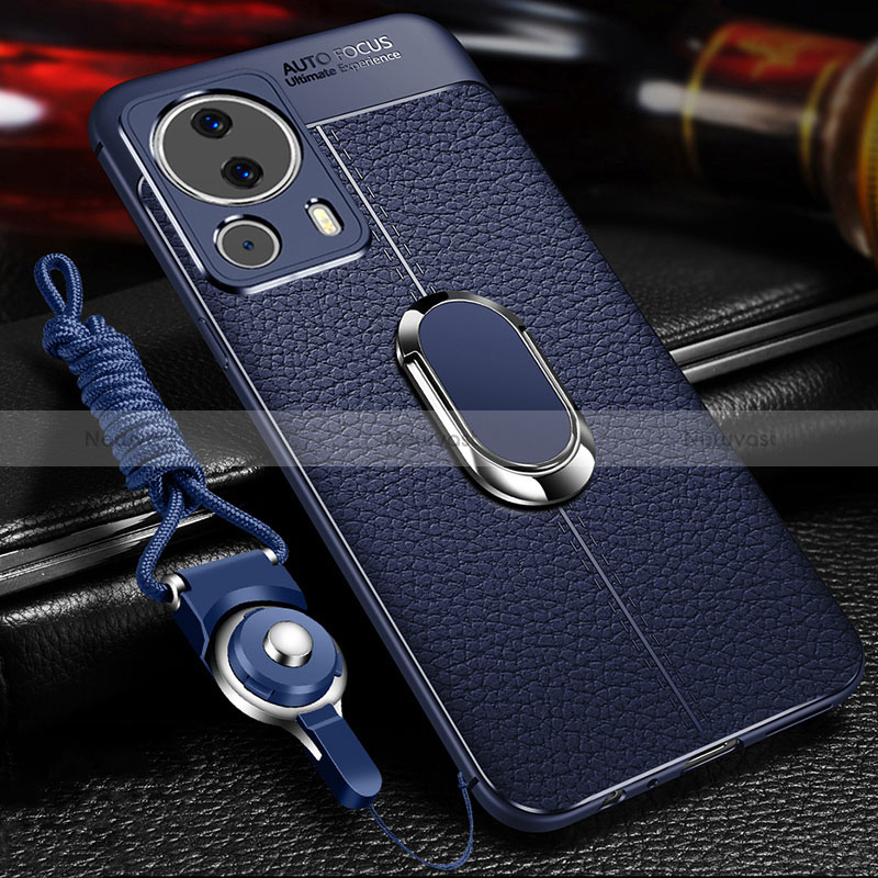 Soft Silicone Gel Leather Snap On Case Cover with Magnetic Finger Ring Stand for Xiaomi Mi 13 Lite 5G Blue