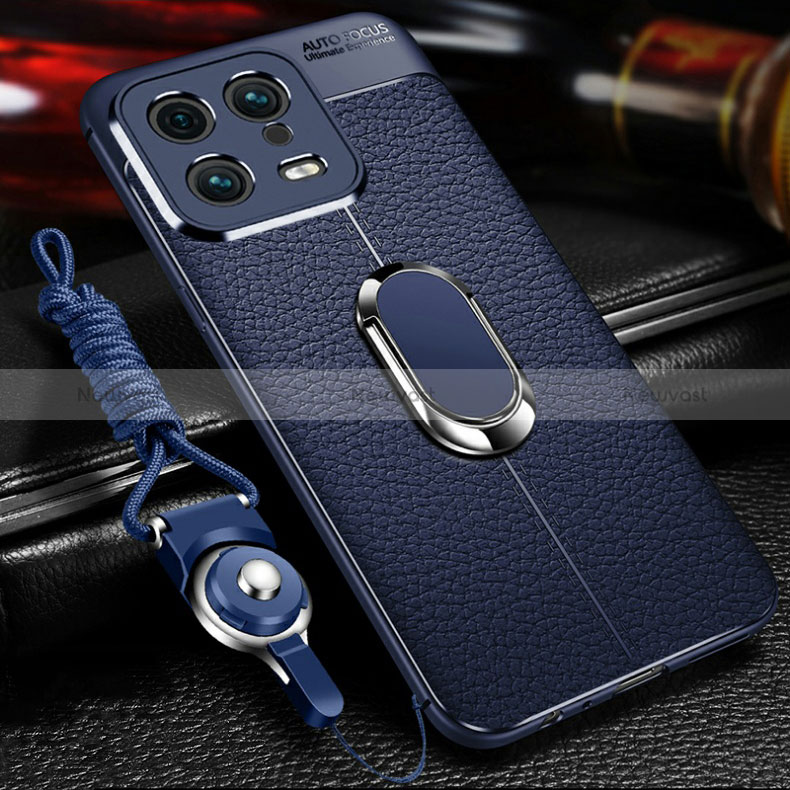 Soft Silicone Gel Leather Snap On Case Cover with Magnetic Finger Ring Stand for Xiaomi Mi 13 Pro 5G