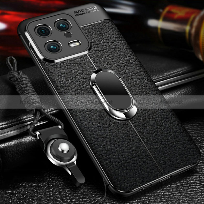 Soft Silicone Gel Leather Snap On Case Cover with Magnetic Finger Ring Stand for Xiaomi Mi 13 Pro 5G Black