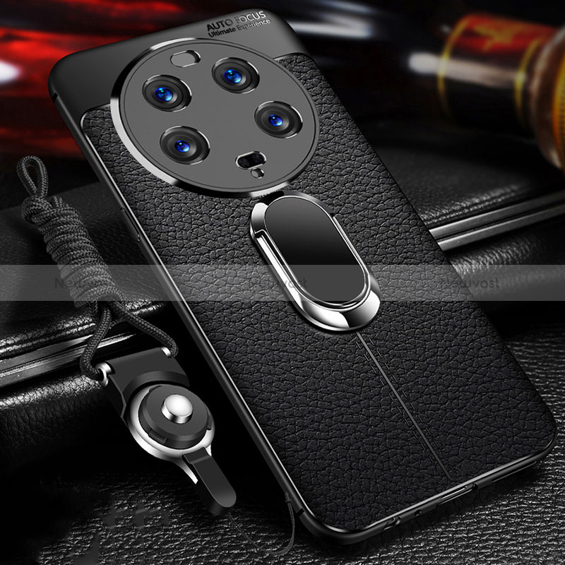 Soft Silicone Gel Leather Snap On Case Cover with Magnetic Finger Ring Stand for Xiaomi Mi 13 Ultra 5G