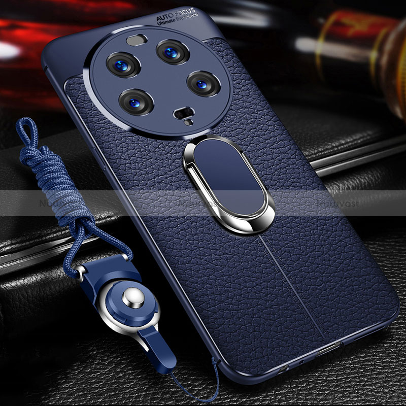 Soft Silicone Gel Leather Snap On Case Cover with Magnetic Finger Ring Stand for Xiaomi Mi 13 Ultra 5G Blue