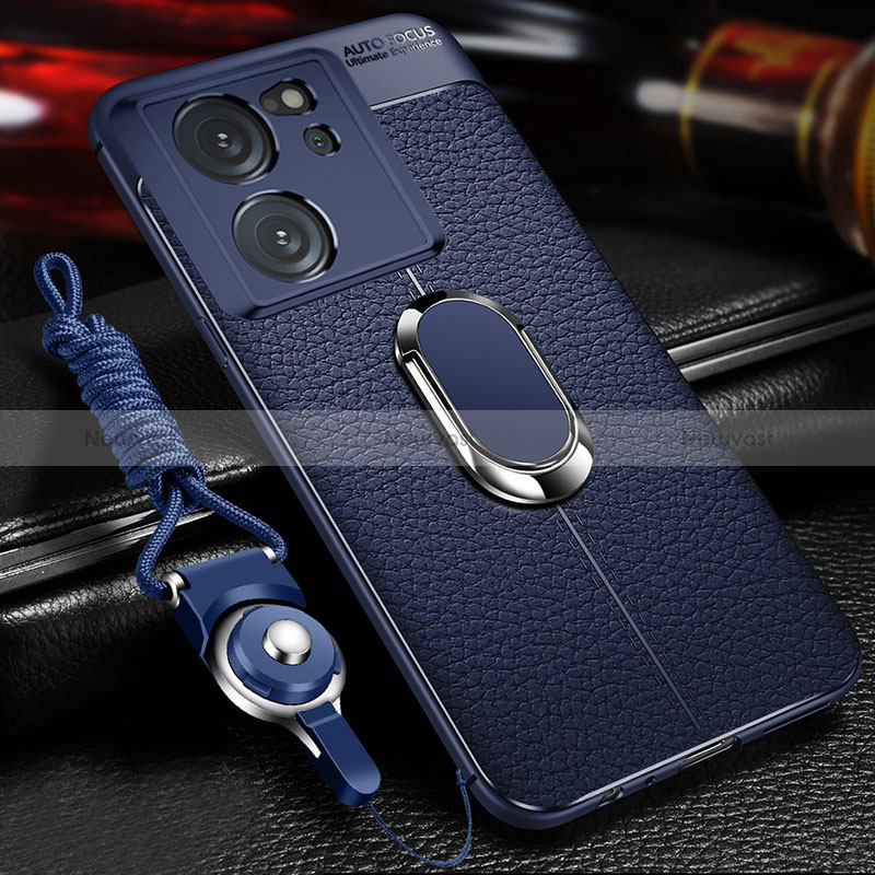 Soft Silicone Gel Leather Snap On Case Cover with Magnetic Finger Ring Stand for Xiaomi Mi 13T 5G Blue