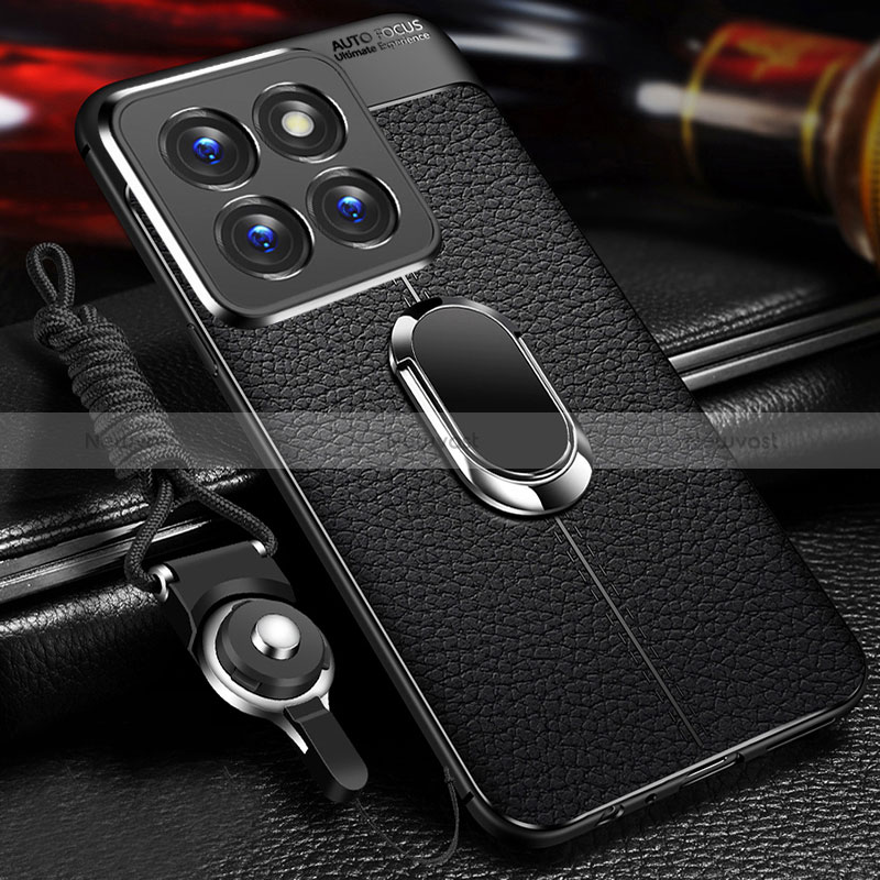 Soft Silicone Gel Leather Snap On Case Cover with Magnetic Finger Ring Stand for Xiaomi Mi 14 Pro 5G Black