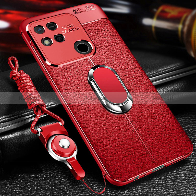 Soft Silicone Gel Leather Snap On Case Cover with Magnetic Finger Ring Stand for Xiaomi POCO C3 Red