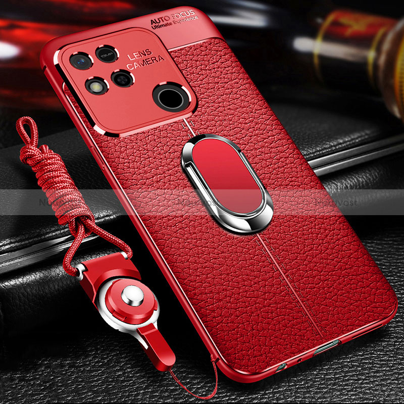 Soft Silicone Gel Leather Snap On Case Cover with Magnetic Finger Ring Stand for Xiaomi POCO C31 Red