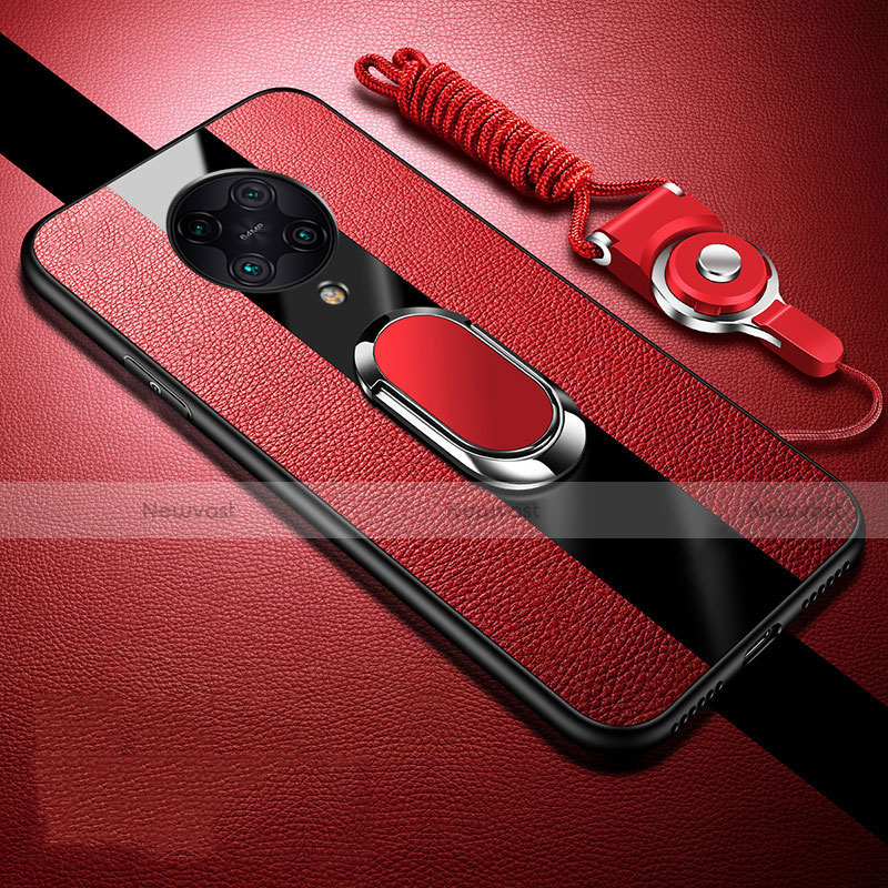 Soft Silicone Gel Leather Snap On Case Cover with Magnetic Finger Ring Stand for Xiaomi Poco F2 Pro Red