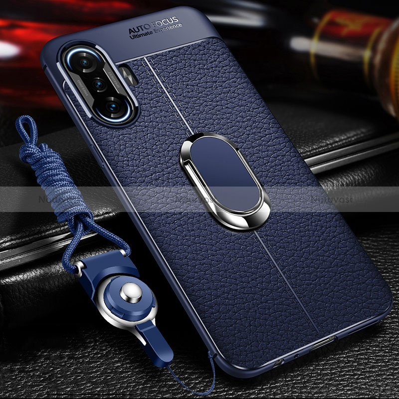 Soft Silicone Gel Leather Snap On Case Cover with Magnetic Finger Ring Stand for Xiaomi Poco F3 GT 5G Blue