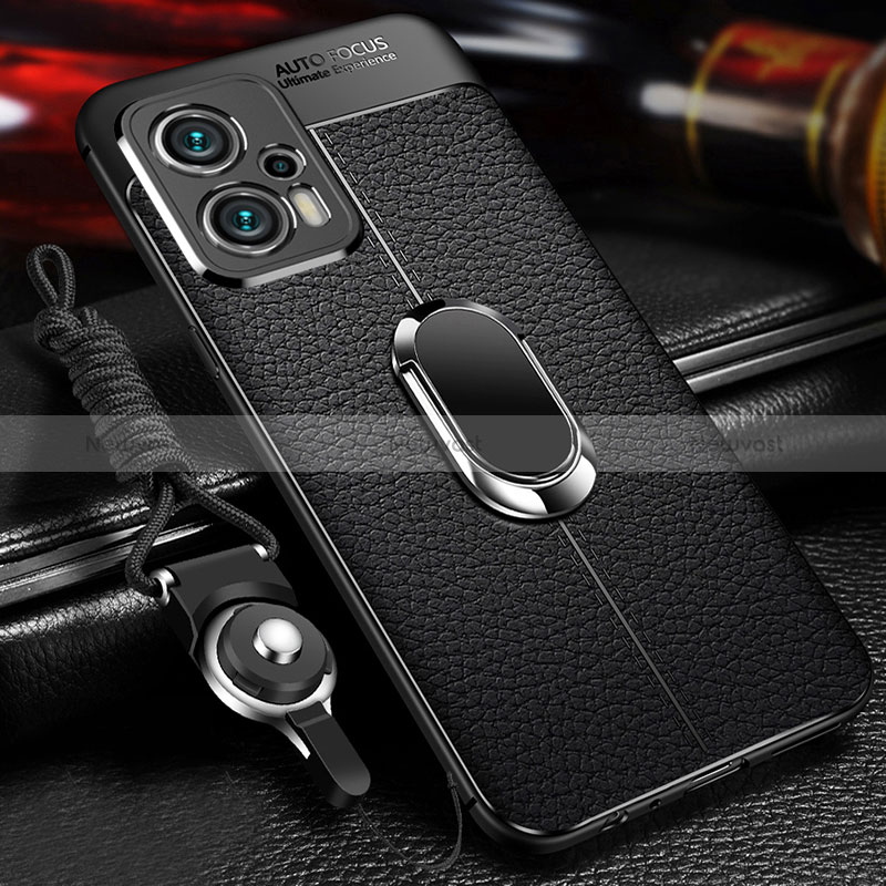 Soft Silicone Gel Leather Snap On Case Cover with Magnetic Finger Ring Stand for Xiaomi Poco F5 5G Black