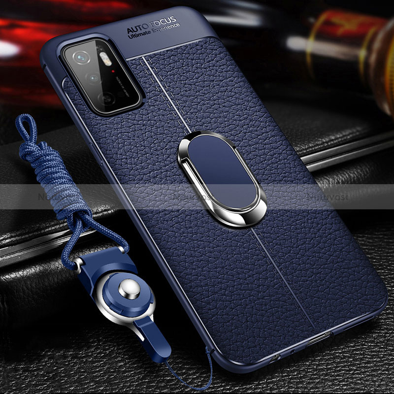 Soft Silicone Gel Leather Snap On Case Cover with Magnetic Finger Ring Stand for Xiaomi POCO M3 Pro 5G Blue