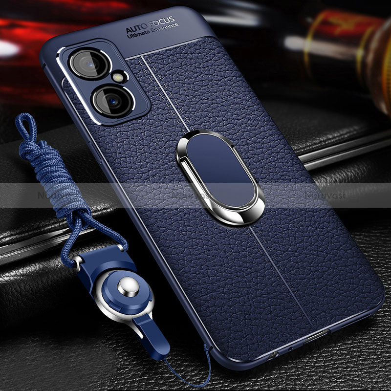 Soft Silicone Gel Leather Snap On Case Cover with Magnetic Finger Ring Stand for Xiaomi Poco M4 5G Blue