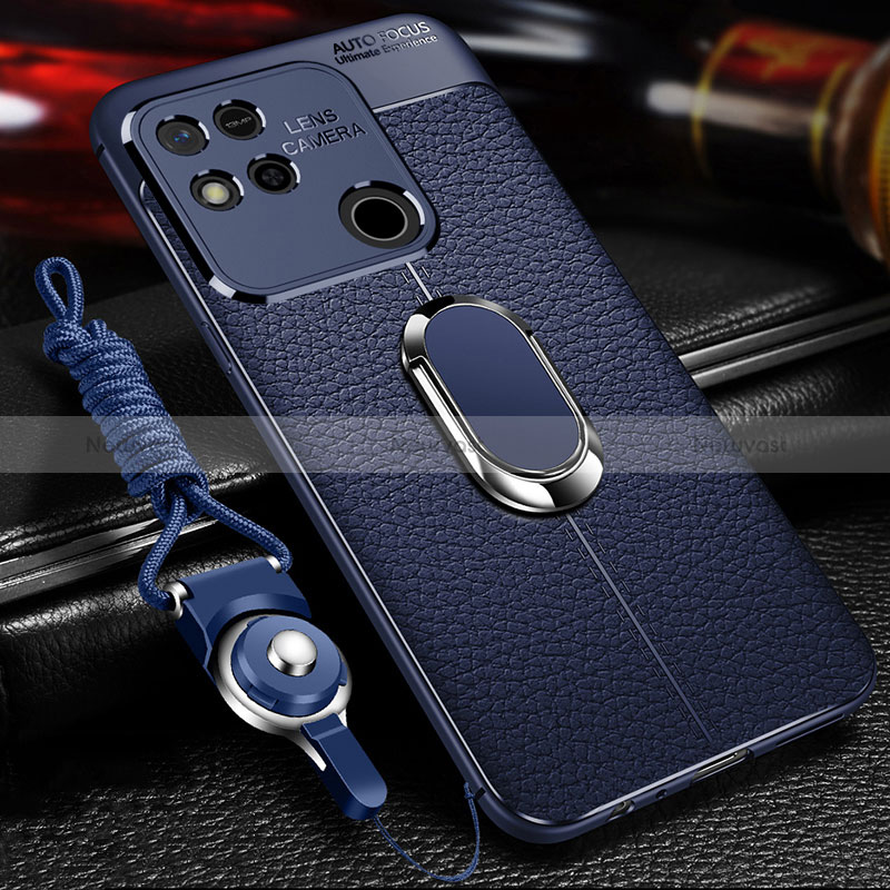 Soft Silicone Gel Leather Snap On Case Cover with Magnetic Finger Ring Stand for Xiaomi Redmi 10A 4G Blue