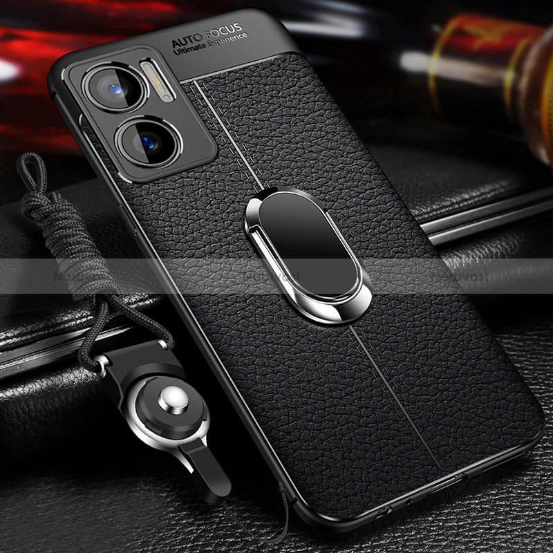 Soft Silicone Gel Leather Snap On Case Cover with Magnetic Finger Ring Stand for Xiaomi Redmi 11 Prime 5G Black