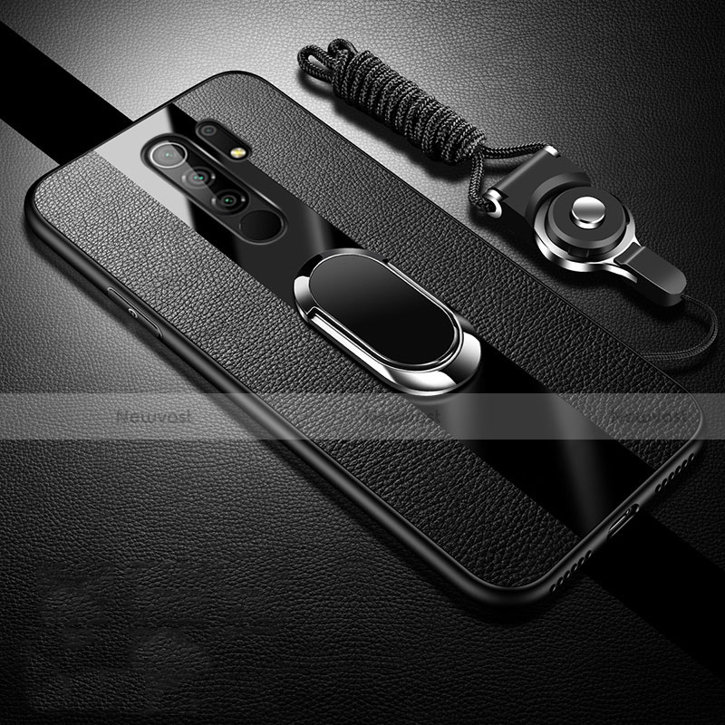 Soft Silicone Gel Leather Snap On Case Cover with Magnetic Finger Ring Stand for Xiaomi Redmi 9 Black