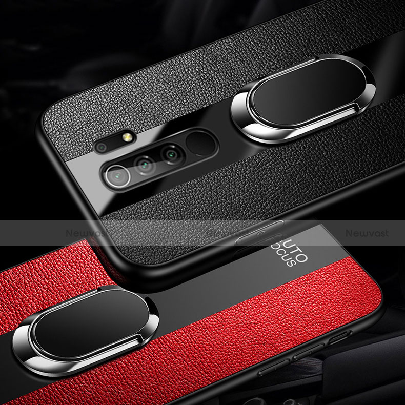 Soft Silicone Gel Leather Snap On Case Cover with Magnetic Finger Ring Stand for Xiaomi Redmi 9 Prime India