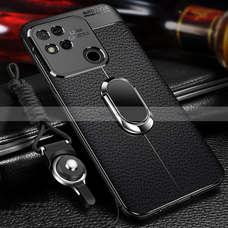 Soft Silicone Gel Leather Snap On Case Cover with Magnetic Finger Ring Stand for Xiaomi Redmi 9C Black