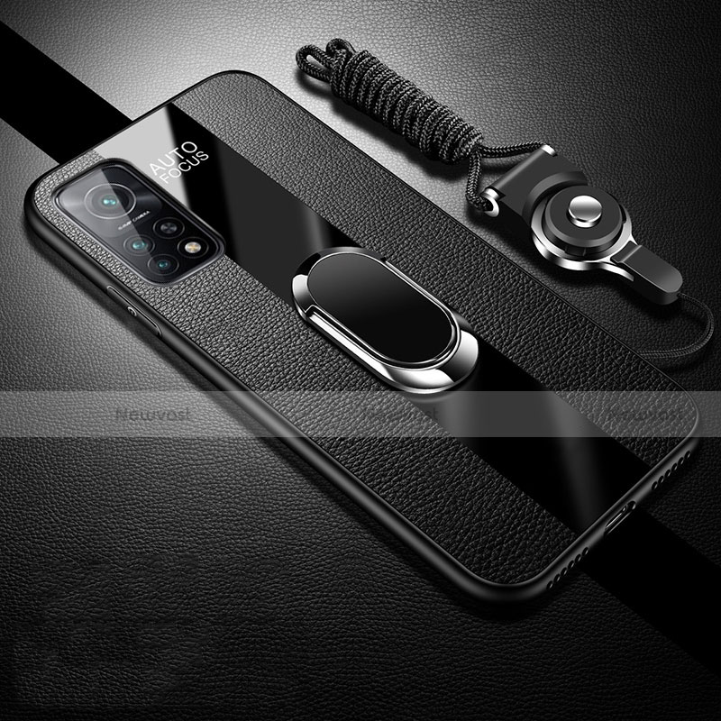 Soft Silicone Gel Leather Snap On Case Cover with Magnetic Finger Ring Stand for Xiaomi Redmi K30S 5G Black