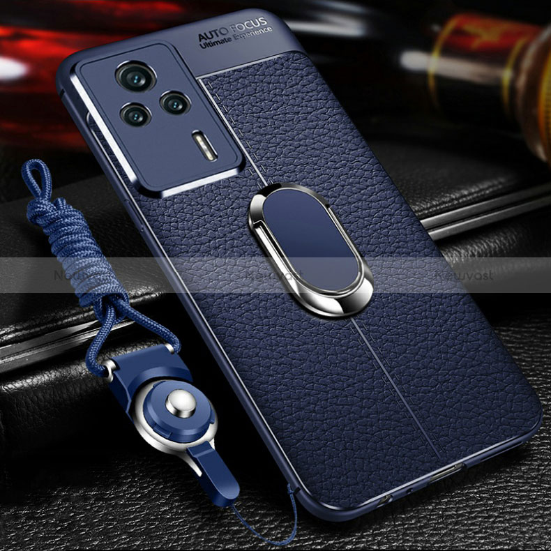 Soft Silicone Gel Leather Snap On Case Cover with Magnetic Finger Ring Stand for Xiaomi Redmi K60E 5G Blue