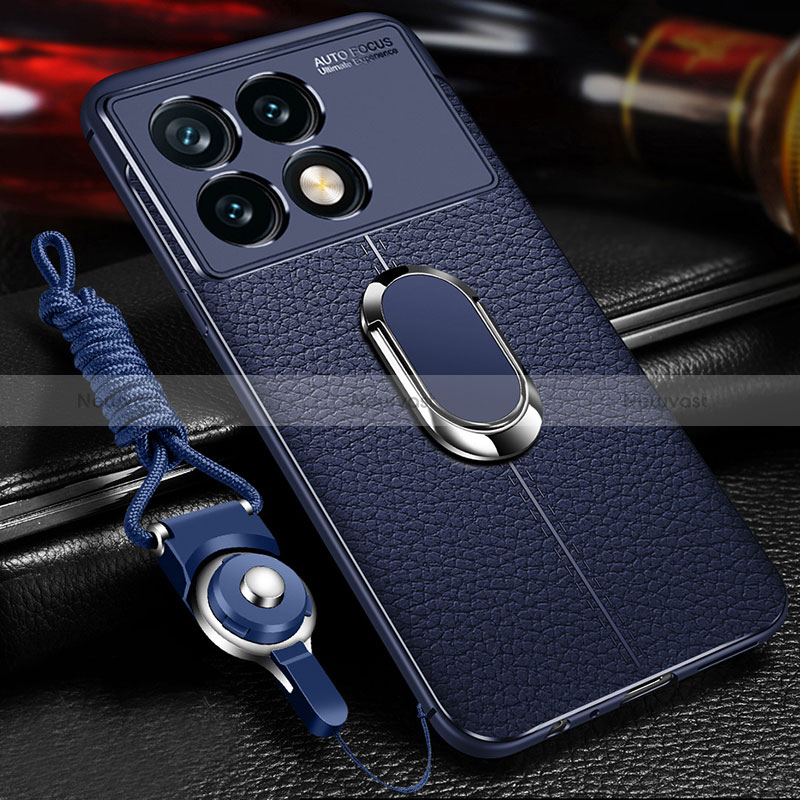 Soft Silicone Gel Leather Snap On Case Cover with Magnetic Finger Ring Stand for Xiaomi Redmi K70 Pro 5G Blue