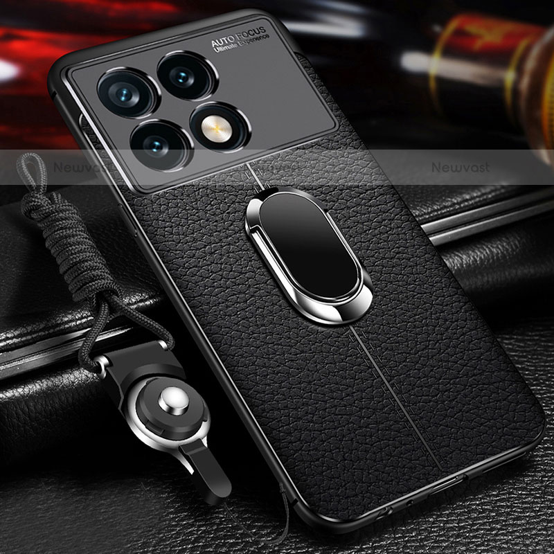 Soft Silicone Gel Leather Snap On Case Cover with Magnetic Finger Ring Stand for Xiaomi Redmi K70E 5G Black