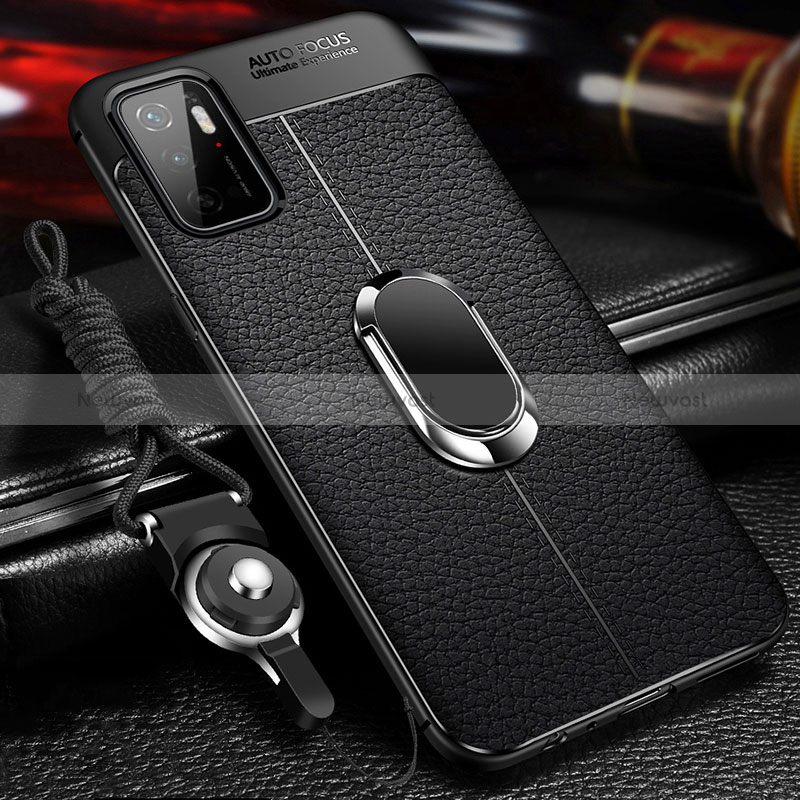 Soft Silicone Gel Leather Snap On Case Cover with Magnetic Finger Ring Stand for Xiaomi Redmi Note 10 5G Black