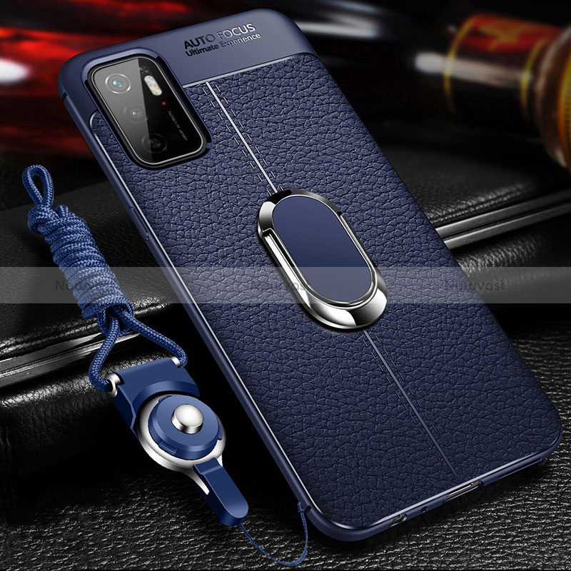 Soft Silicone Gel Leather Snap On Case Cover with Magnetic Finger Ring Stand for Xiaomi Redmi Note 10 5G Blue