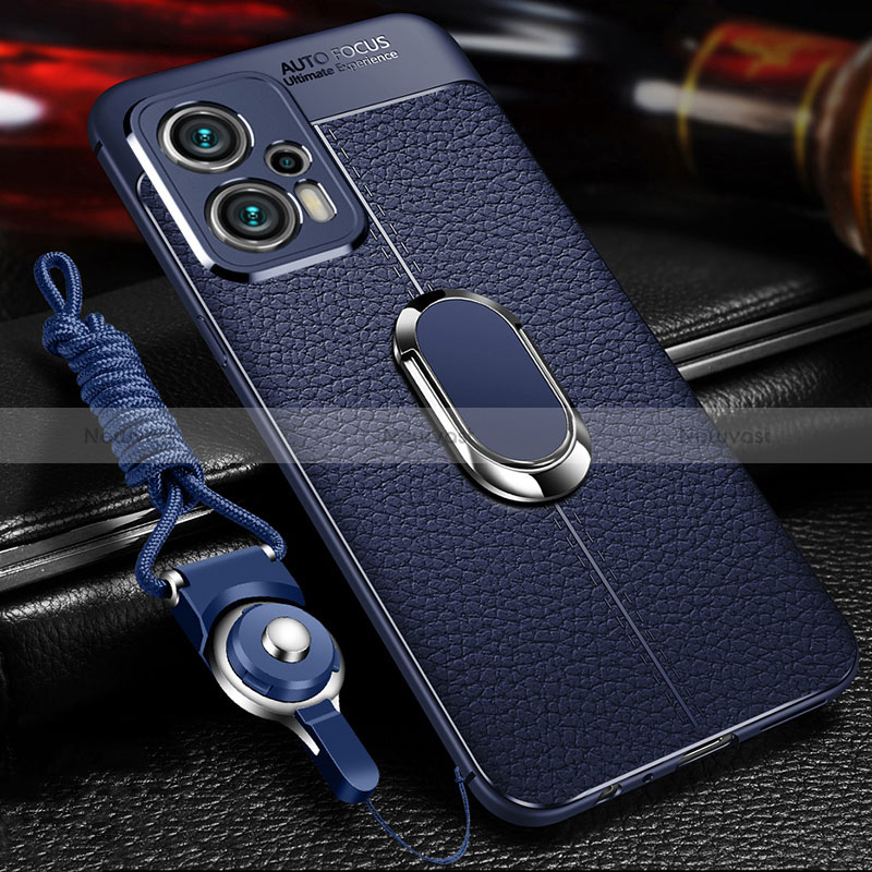 Soft Silicone Gel Leather Snap On Case Cover with Magnetic Finger Ring Stand for Xiaomi Redmi Note 11T Pro+ Plus 5G Blue