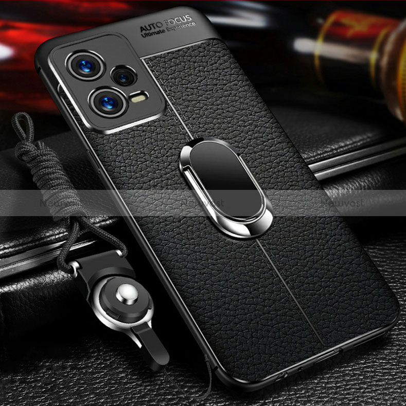 Soft Silicone Gel Leather Snap On Case Cover with Magnetic Finger Ring Stand for Xiaomi Redmi Note 12 Explorer Black