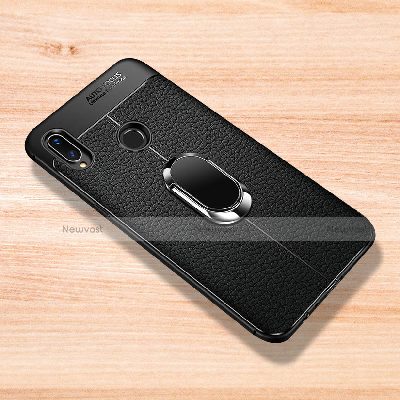 Soft Silicone Gel Leather Snap On Case Cover with Magnetic Finger Ring Stand for Xiaomi Redmi Note 7 Black