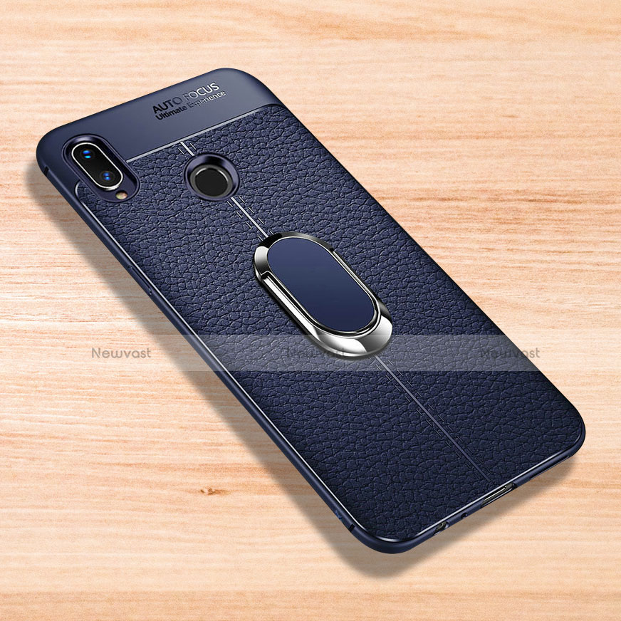 Soft Silicone Gel Leather Snap On Case Cover with Magnetic Finger Ring Stand for Xiaomi Redmi Note 7 Blue