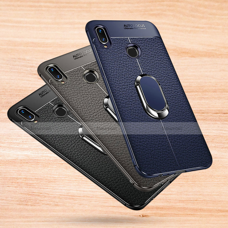 Soft Silicone Gel Leather Snap On Case Cover with Magnetic Finger Ring Stand for Xiaomi Redmi Note 7 Pro