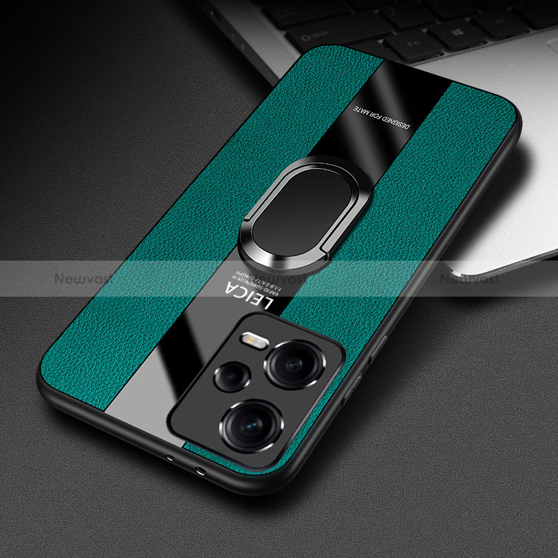 Soft Silicone Gel Leather Snap On Case Cover with Magnetic Finger Ring Stand K01 for Xiaomi Redmi Note 12 Explorer Green