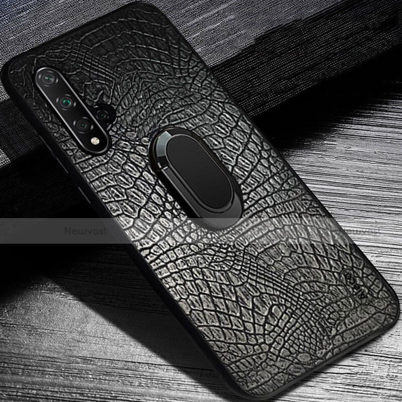 Soft Silicone Gel Leather Snap On Case Cover with Magnetic Finger Ring Stand K02 for Huawei Honor 20S Black