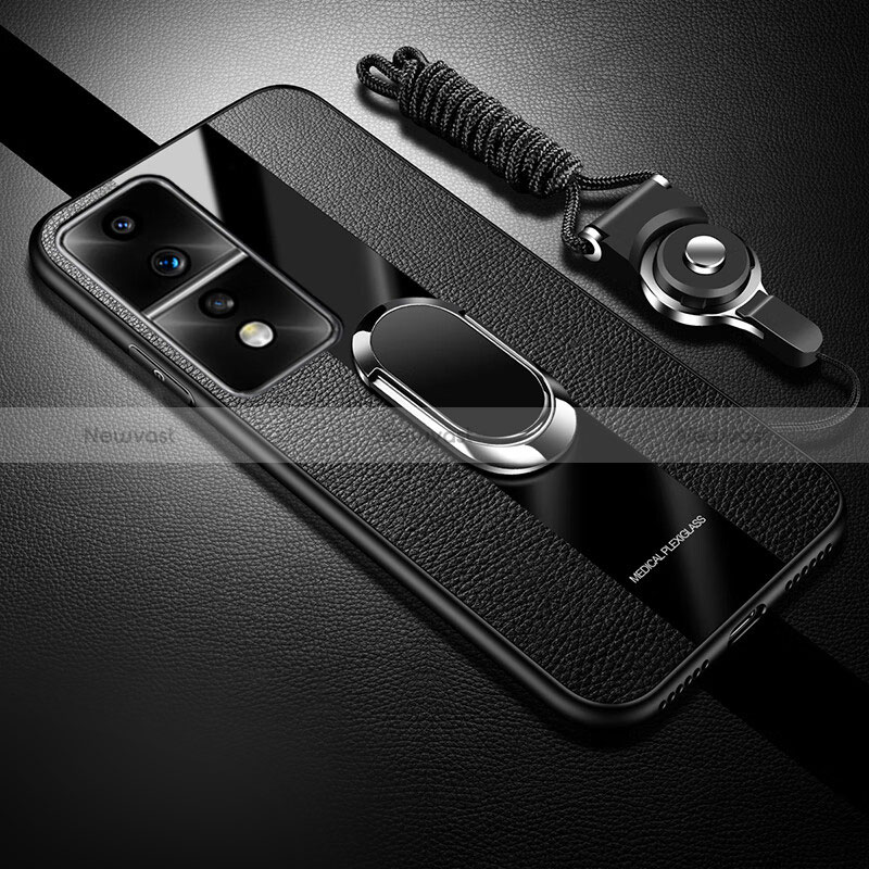 Soft Silicone Gel Leather Snap On Case Cover with Magnetic Finger Ring Stand PB1 for Huawei Honor 80 GT 5G Black