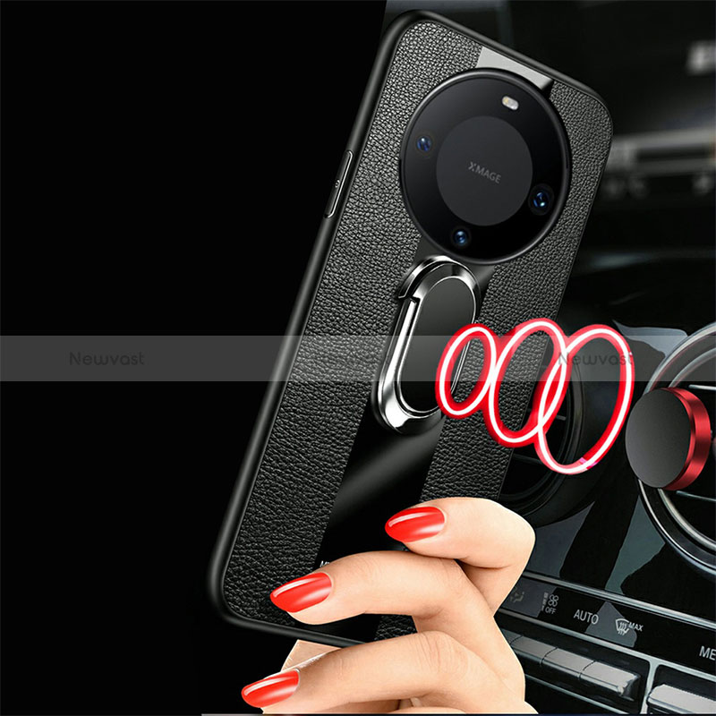 Soft Silicone Gel Leather Snap On Case Cover with Magnetic Finger Ring Stand PB1 for Huawei Mate 60 Pro+ Plus