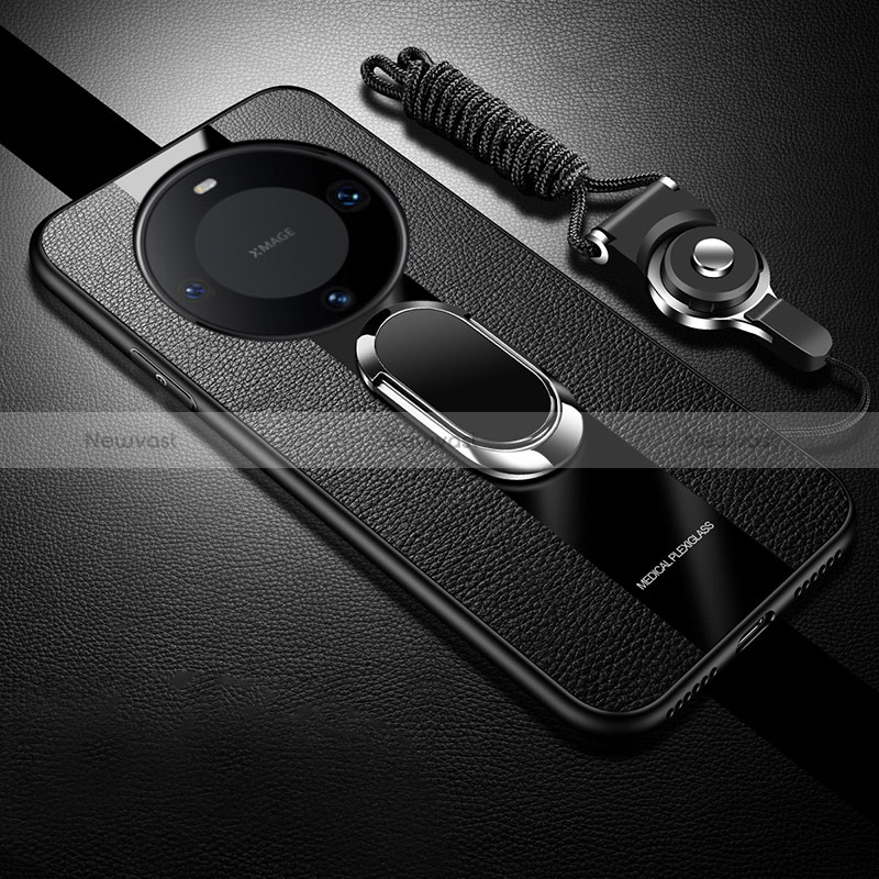 Soft Silicone Gel Leather Snap On Case Cover with Magnetic Finger Ring Stand PB1 for Huawei Mate 60 Pro+ Plus Black