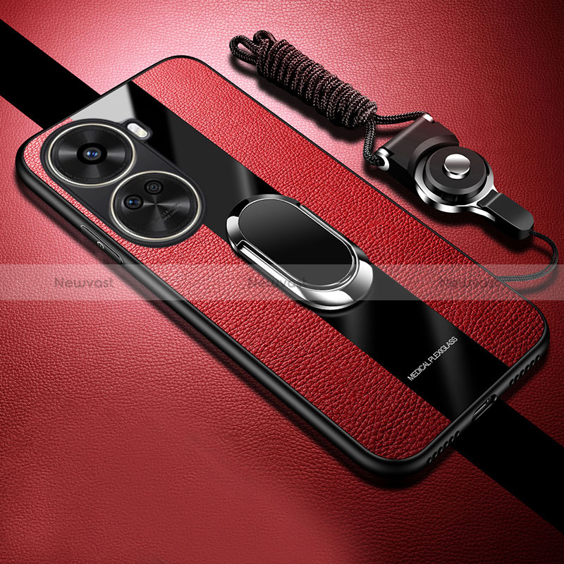 Soft Silicone Gel Leather Snap On Case Cover with Magnetic Finger Ring Stand PB1 for Huawei Nova 11 SE Red