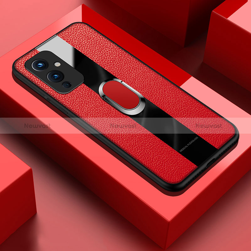 Soft Silicone Gel Leather Snap On Case Cover with Magnetic Finger Ring Stand PB1 for OnePlus 9 5G