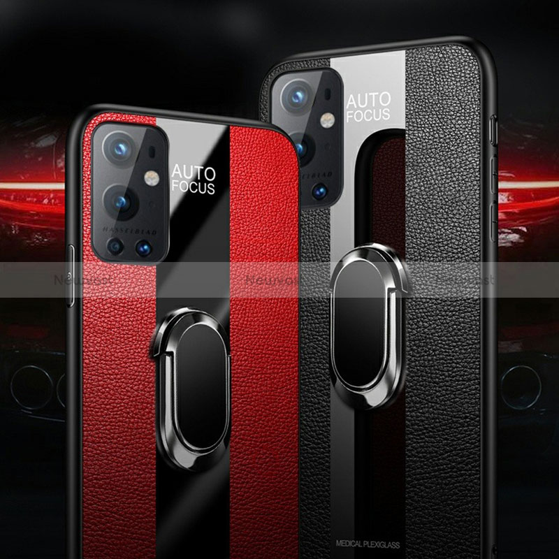 Soft Silicone Gel Leather Snap On Case Cover with Magnetic Finger Ring Stand PB1 for OnePlus 9 Pro 5G