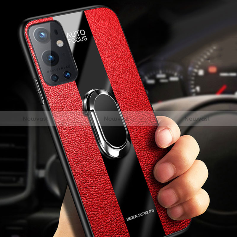 Soft Silicone Gel Leather Snap On Case Cover with Magnetic Finger Ring Stand PB1 for OnePlus 9 Pro 5G